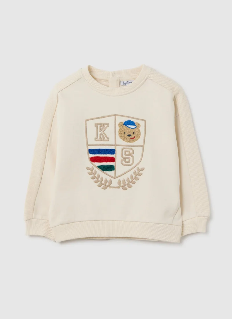 او في اس BEIGE REGULAR FIT PURE COTTON CHILDREN'S SWEATSHIRT WITH TEDDY BEAR