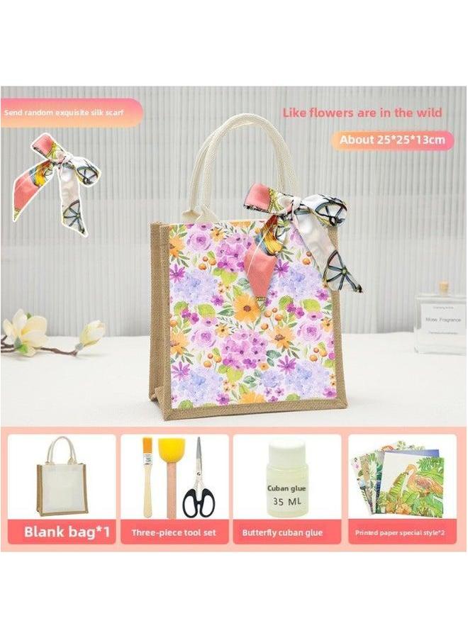 Thanksgiving Diy Handmade Butterfly Ancient Bart Canvas Tote Bag Sack Paste Group Building Parent-child Material Warm-up Field-Color:Butterfly Cuban As A Flower In The Wild Package + Small Cloth Vertical Style  - Image 1