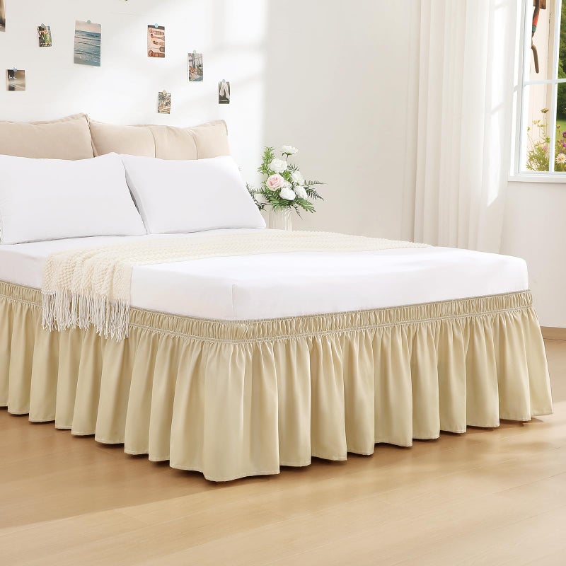 RIMELA Bed Skirt Queen Size 15 Inch Drop, Wrap Around Elastic Bedskirt for Home, Room Decoration for Women, Pleated Adjustable Dust Ruffle, Light Beige, Easy to Install - Image 2