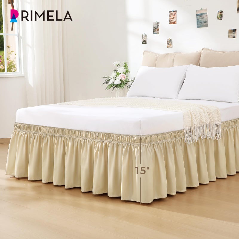 RIMELA Bed Skirt Queen Size 15 Inch Drop, Wrap Around Elastic Bedskirt for Home, Room Decoration for Women, Pleated Adjustable Dust Ruffle, Light Beige, Easy to Install - Image 3