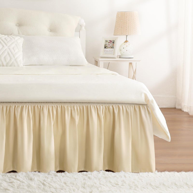 RIMELA Bed Skirt Queen Size 15 Inch Drop, Wrap Around Elastic Bedskirt for Home, Room Decoration for Women, Pleated Adjustable Dust Ruffle, Light Beige, Easy to Install - Image 1