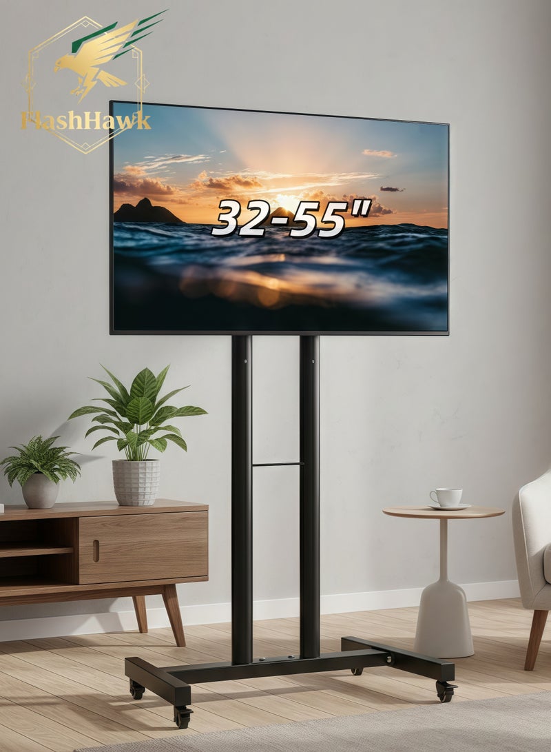 فلاشهوك متحرك حامل شاشة تلفزيون بعجلات لشاشات LCD/LED مقاس 32-55 بوصة | ارتفاع قابل للتعديل | عجلات قابلة للقفل | هيكل فولاذي متين | أقصى وزن 25 كجم ومقاس VESA 400x400 مم - Image 1