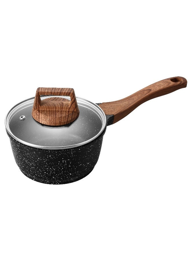 ESLITE LIFE Sauce Pan 20Cm with Lid |  Aluminum | Non-stick Ceramic coating | Scratch Resistant & Durable | Soft touch wooden esthetic handle , Black - Image 1