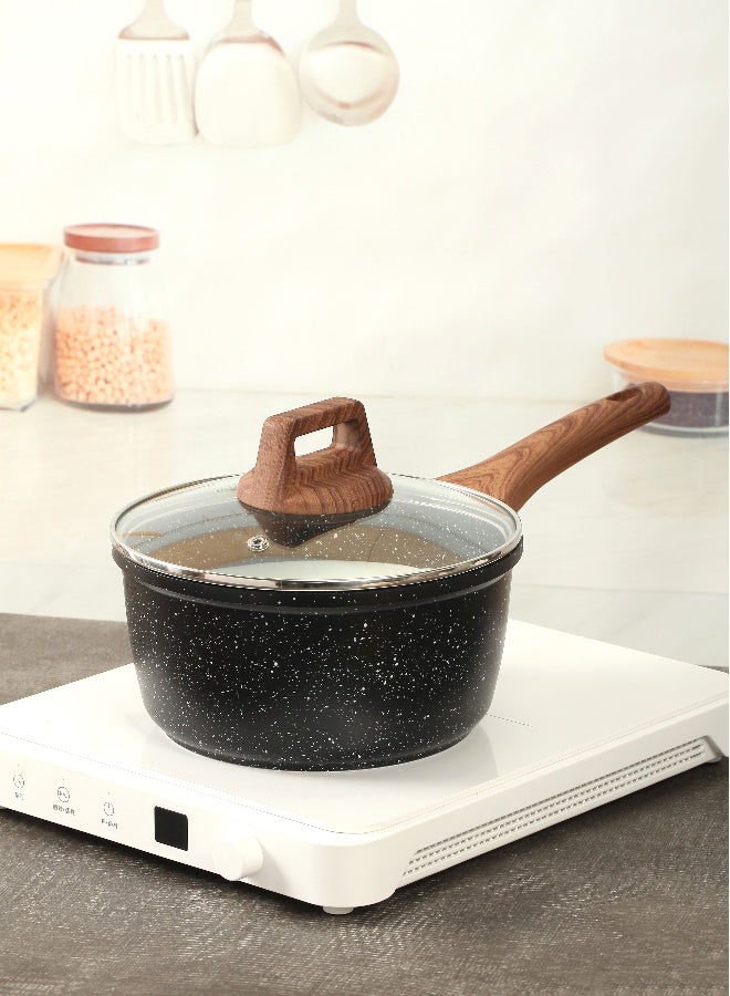 ESLITE LIFE Sauce Pan 20Cm with Lid |  Aluminum | Non-stick Ceramic coating | Scratch Resistant & Durable | Soft touch wooden esthetic handle , Black - Image 3