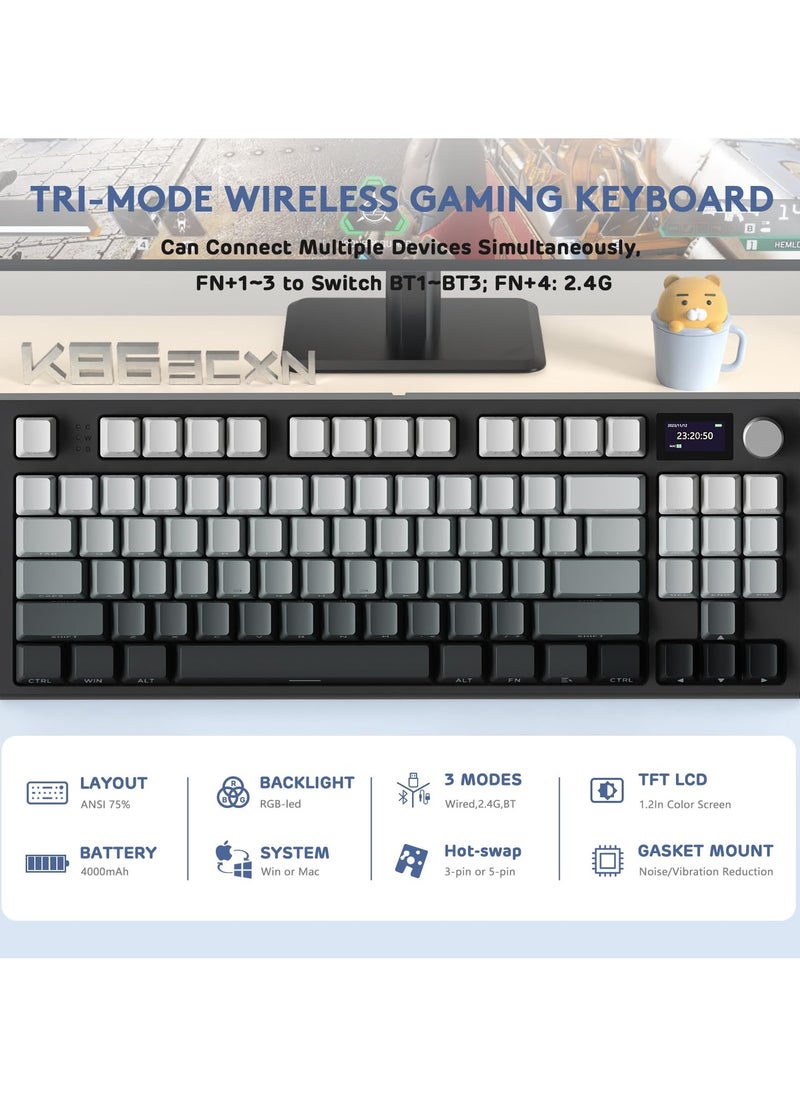K86 RGB Wireless Gasket Mechanical Keyboard,Triple Mode Bluetooth5.0/2.4G/USB-C 87 Keys Hot Swappable Gaming Keyboard, 4000 mAh Battery 1.2'' HD OLED Display Volume Rotary Button for Games and Work