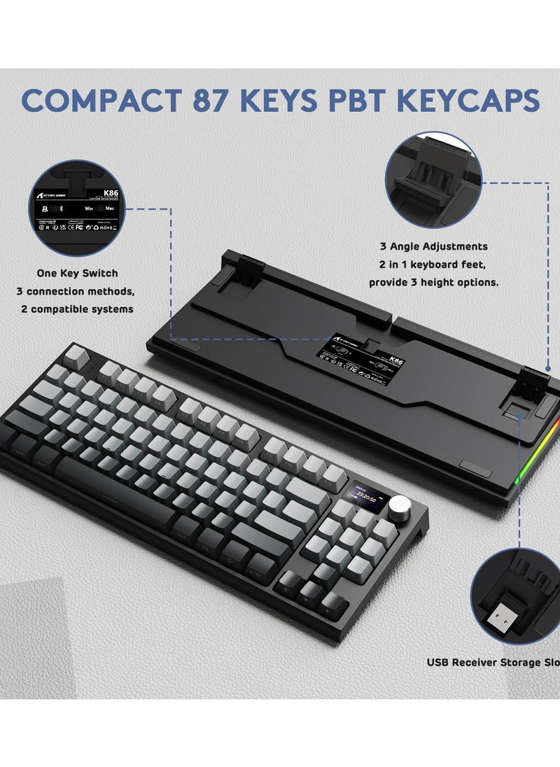 K86 RGB Wireless Gasket Mechanical Keyboard,Triple Mode Bluetooth5.0/2.4G/USB-C 87 Keys Hot Swappable Gaming Keyboard, 4000 mAh Battery 1.2'' HD OLED Display Volume Rotary Button for Games and Work