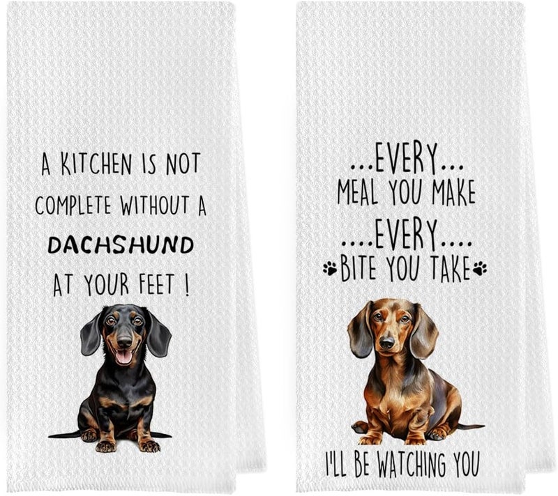 Geqtt Funny Dachshund Dish Towels Set - Dachshund Gifts Waffle Weave Kitchen Towels, Wiener Dog Decorative Hand Tea Towels for Bathroom Kitchen, Wiener Dog Gifts for Women (16×24 Inches Set of 2) - Image 1