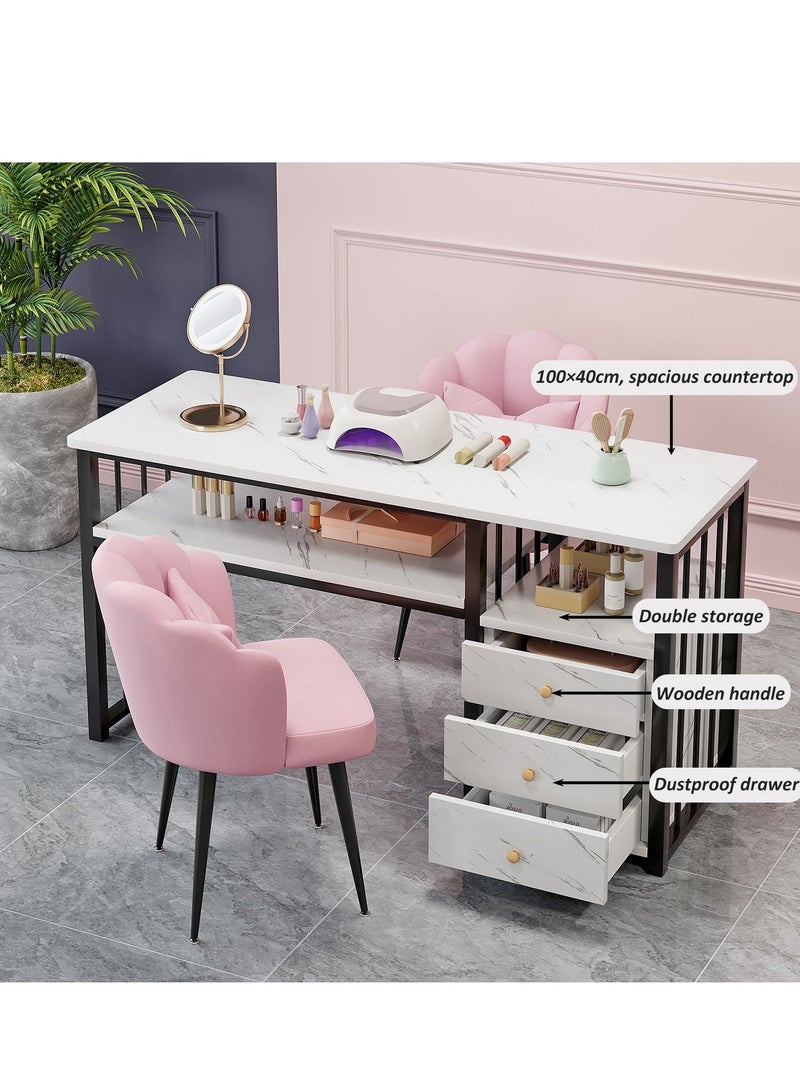 YY-ريشير طاولة أظافر عصرية مع مساحة تخزين مزدوجة وأدراج، مكتب للكتابة وطاولة زينة ومحطة مانيكير بإطار فولاذي، طاولة صالون 100×40 سم، مكتب أظافر احترافي ومحطة عمل - Image 3