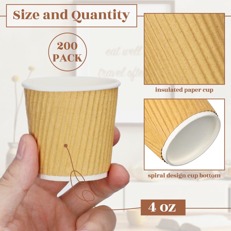 Yaomiao 200 Pcs 4 oz Disposable Espresso Coffee Cups Ripple Corrugated Paper Insulated Hot Cups for Party Cold Drinks Hot Beverage Tea(Kraft Paper Color) - Image 2