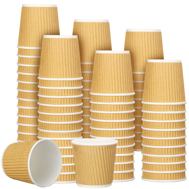Yaomiao 200 Pcs 4 oz Disposable Espresso Coffee Cups Ripple Corrugated Paper Insulated Hot Cups for Party Cold Drinks Hot Beverage Tea(Kraft Paper Color) - Image 1