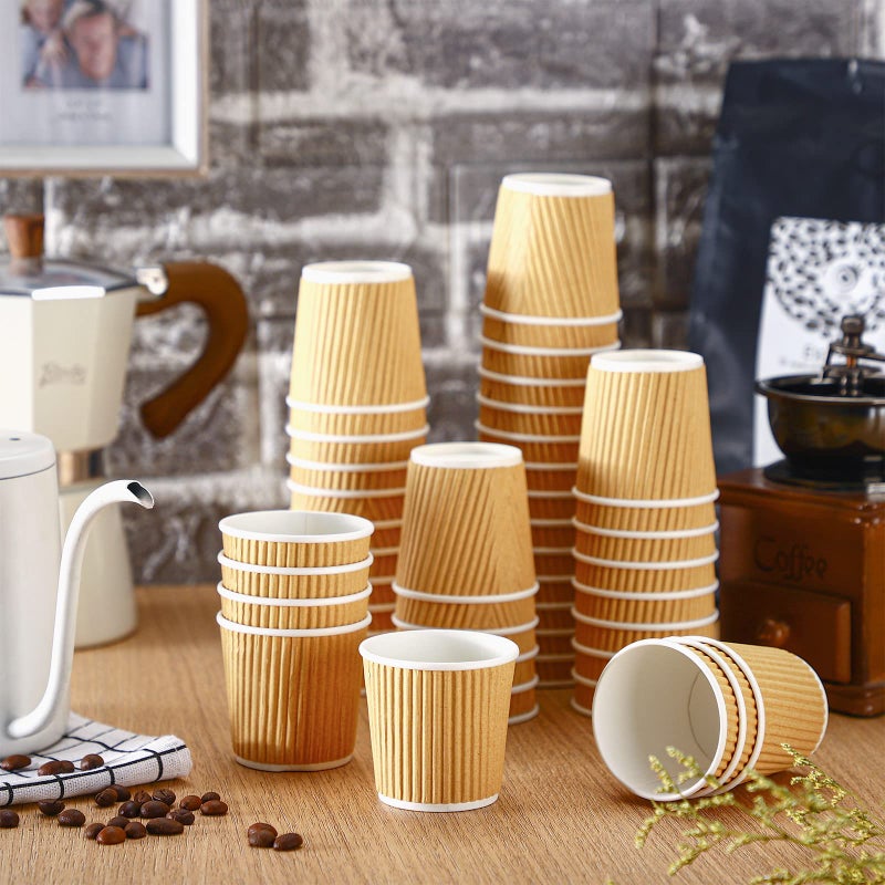 Yaomiao 200 Pcs 4 oz Disposable Espresso Coffee Cups Ripple Corrugated Paper Insulated Hot Cups for Party Cold Drinks Hot Beverage Tea(Kraft Paper Color) - Image 3