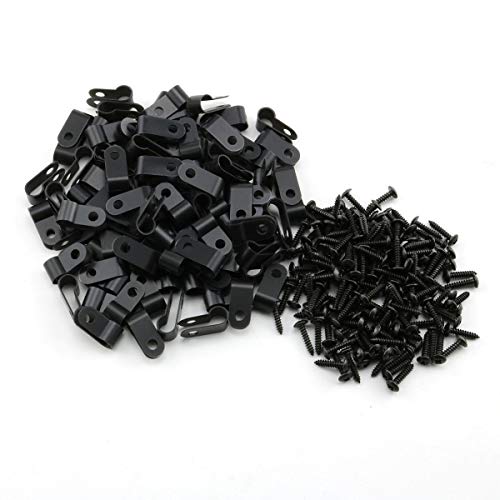 heyous 100pcs 1/4 inch (6.4mm) R-Type Cable Clamp Nylon Wire Hose Tube Fastener Fixed Cable Tie Mount Organizer Holder R Type Cable Clip with Mounting Screw Black - Image 1