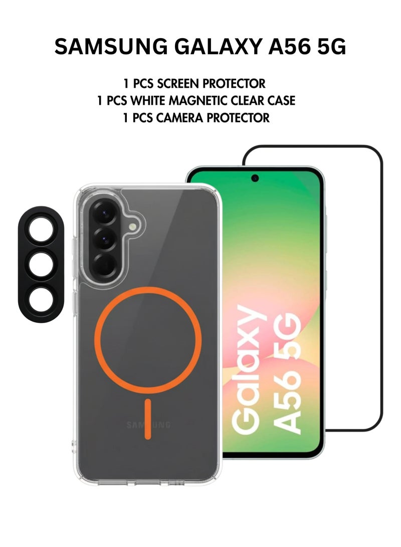3 In 1 Pack Samsung Galaxy A56,1 Pcs Orange Magnetic Anti Shock Proof Clear Cover,1 Pcs Screen Protector Glass,1 Pcs Camera Protector - Image 1