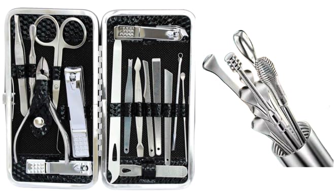 Returngifts Combo of 16 Pieces Nail care kit and 6 Pcs Ear wax cleaning tools– Premium Manicure & Pedicure Grooming Set with Nail Cutter, Scissors, Tweezers, Pusher and steel spring ear buds. Total 22 pcs tool kits for men and women - Image 1