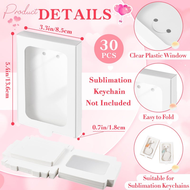 Dunzoom Valentine's Day 30 Pcs Sublimation Keychain Gift Boxes with Window 4" x 3.3" x 0.7" Key Ring Paper Packaging Box for Jewelry Charms Ornaments Gifts Wrapping, Keychain Not Included(White) - Image 2