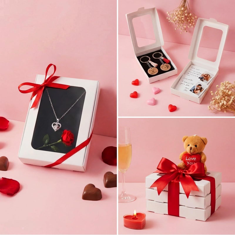 Dunzoom Valentine's Day 30 Pcs Sublimation Keychain Gift Boxes with Window 4" x 3.3" x 0.7" Key Ring Paper Packaging Box for Jewelry Charms Ornaments Gifts Wrapping, Keychain Not Included(White) - Image 4