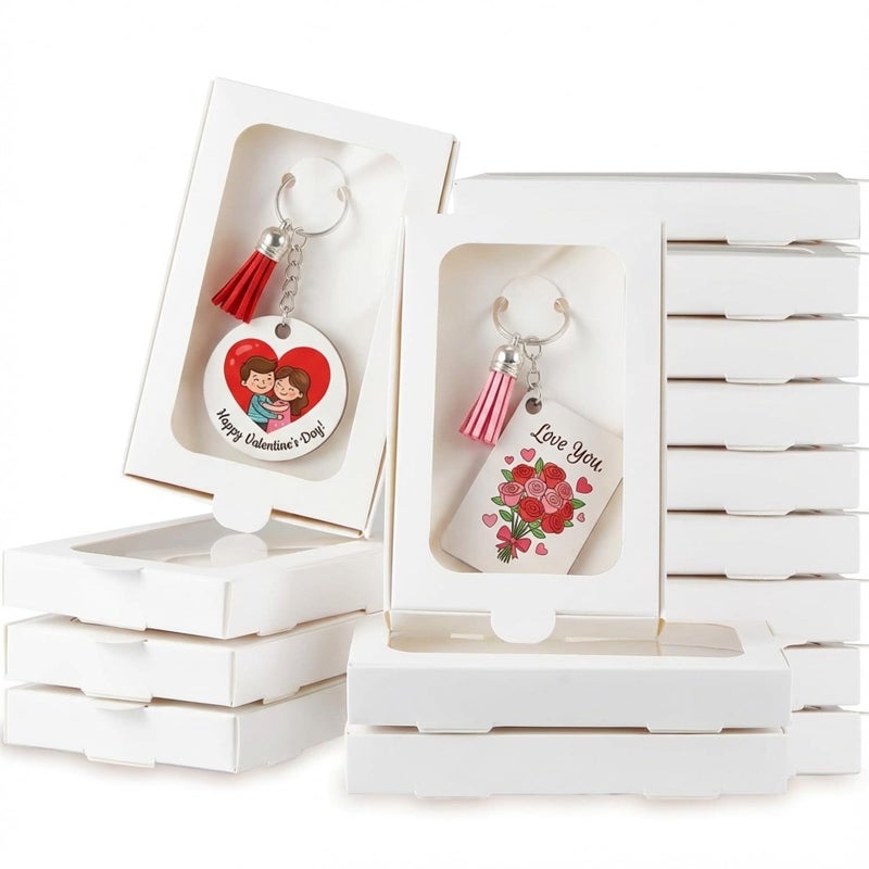Dunzoom Valentine's Day 30 Pcs Sublimation Keychain Gift Boxes with Window 4" x 3.3" x 0.7" Key Ring Paper Packaging Box for Jewelry Charms Ornaments Gifts Wrapping, Keychain Not Included(White) - Image 1