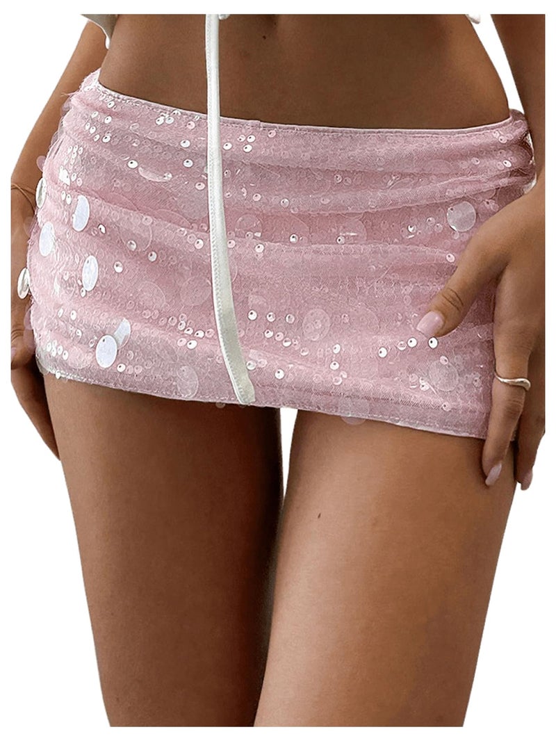 Floerns Women's Sequin Low Waist Mini Skorts Music Festival Night Out Skirt Shorts Pink Large - Image 1