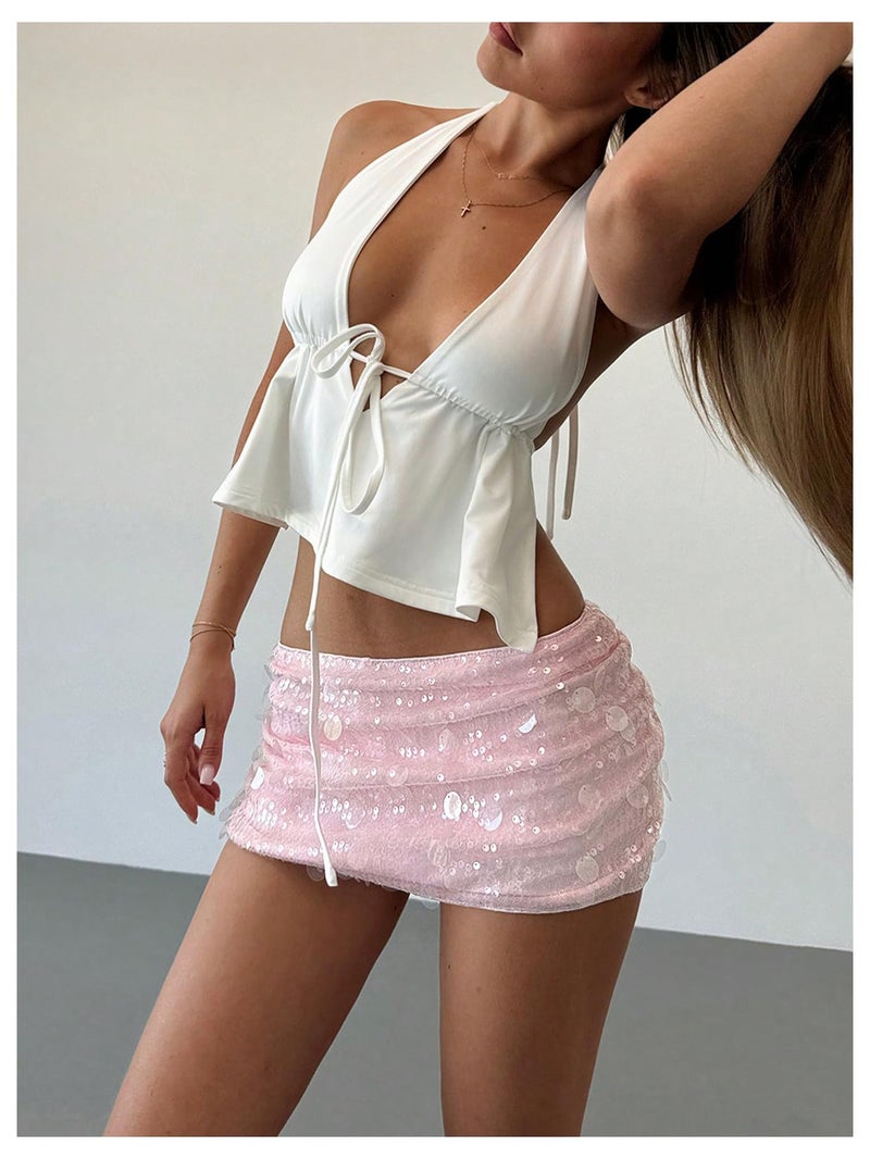 Floerns Women's Sequin Low Waist Mini Skorts Music Festival Night Out Skirt Shorts Pink Large - Image 5