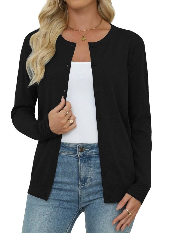 Yincro Women's Lightweight Crewneck Cardigan Long Sleeve Soft Knit Cardigans Sweater, Black, XXL - Image 2