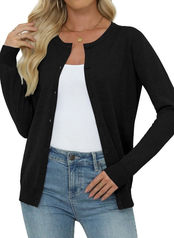 Yincro Women's Lightweight Crewneck Cardigan Long Sleeve Soft Knit Cardigans Sweater, Black, XXL - Image 1