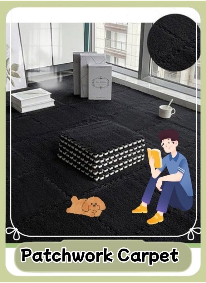 Generic - Black Plush Puzzle Foam Floor Mat for Kids Thick Interlocking Fluffy Tiles with Border Square Rug Split Joint Soft Climbing Carpet Mats Area Rug for Room Floor - Image 1