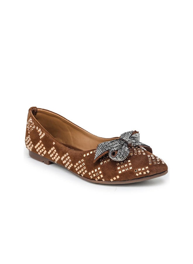 She Zone Tan Embellished Bow Detail Ballerinas for Women - Image 2
