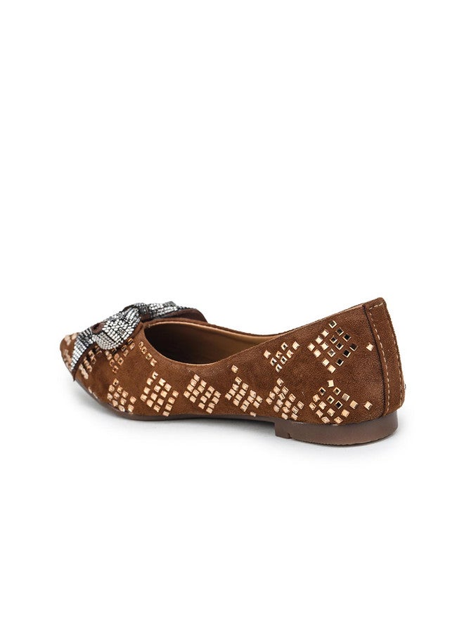 She Zone Tan Embellished Bow Detail Ballerinas for Women - Image 3