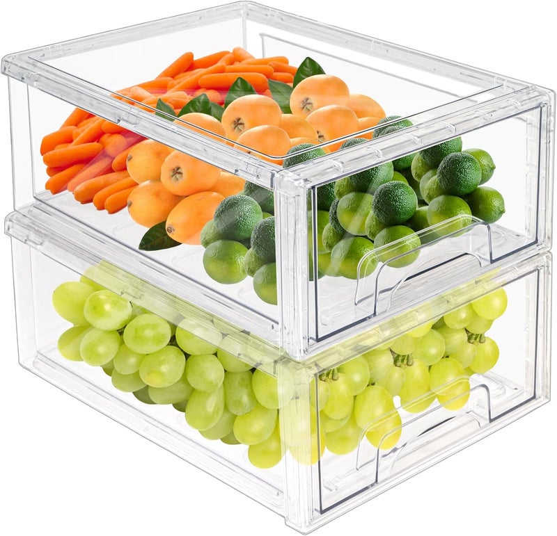 MANO 2Pack Clear Fridge Drawers Pull Out Stackable Refrigerator Drawer Organizer Bins Pantry Storage Box Plastic Food Containers for Kitchen Bathroom Office Closet (2pack Large) - Image 1