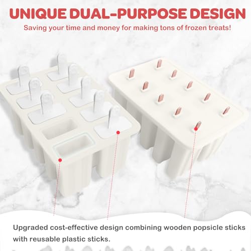 Miaowoof Homemade Popsicle Molds, 10-Cav Non-BPA Silicone Ice Pop Maker, with 50 Sticks, 50 Bags, 10 Reusable Sticks, Funnel, Brush and Ice Pop Recipe (White) - Image 2