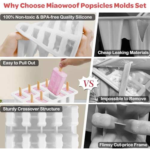 Miaowoof Homemade Popsicle Molds, 10-Cav Non-BPA Silicone Ice Pop Maker, with 50 Sticks, 50 Bags, 10 Reusable Sticks, Funnel, Brush and Ice Pop Recipe (White) - Image 3