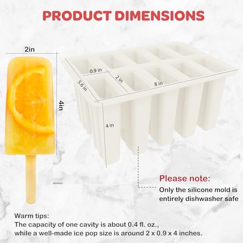 Miaowoof Homemade Popsicle Molds, 10-Cav Non-BPA Silicone Ice Pop Maker, with 50 Sticks, 50 Bags, 10 Reusable Sticks, Funnel, Brush and Ice Pop Recipe (White) - Image 4