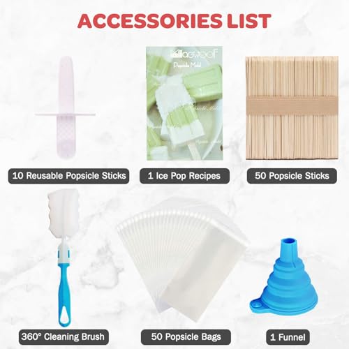 Miaowoof Homemade Popsicle Molds, 10-Cav Non-BPA Silicone Ice Pop Maker, with 50 Sticks, 50 Bags, 10 Reusable Sticks, Funnel, Brush and Ice Pop Recipe (White) - Image 5