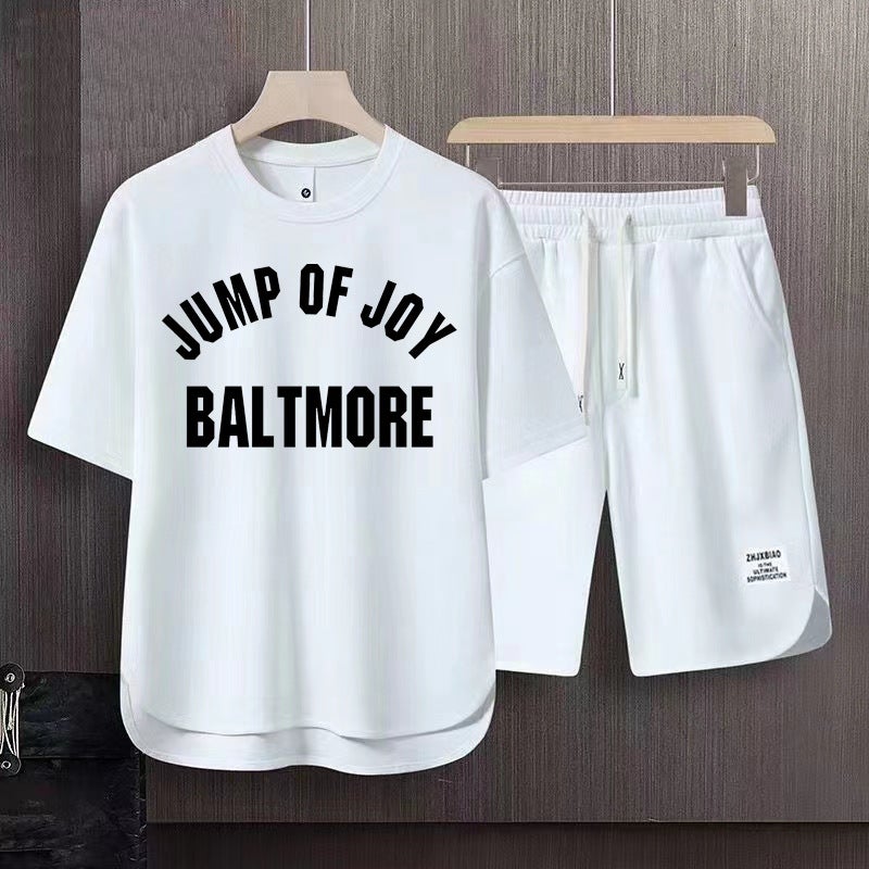 Cotton Short Sleeve Mens Casual Suit Autumn Fashion Loose Tee  Shorts Set Black - Image 1