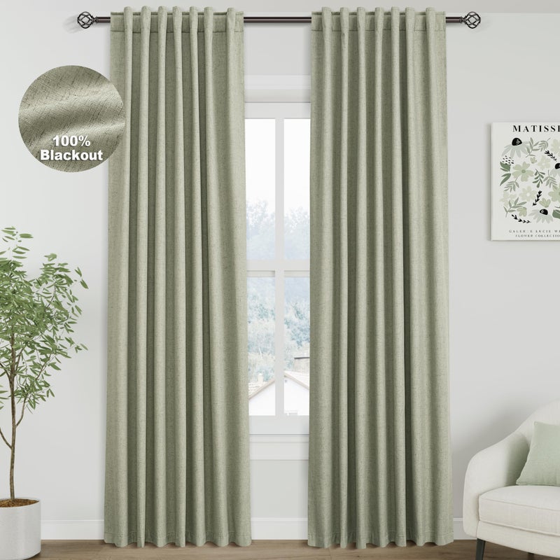 Nanspring 100% Blackout Linen Curtains 84 Inch Length 2 Panels Sage Green Light Blocking Darkening Living Room Curtains 84 Inches Long Elegant Modern Back Tab Pocket Noise Reducing Drapes for Nursery 52X84 - Image 1