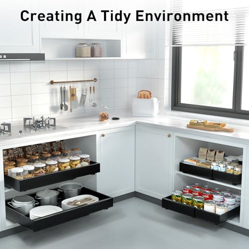 Ostutry 2 Pack Pull Out Cabinet Organizer No Screw Adjustable Cabinet Drawers Expandable1262047 Slide Out Drawers for Kitchen Cabinets Cabinet Roll Out Shelves in Pantry or Bathroom 1654 Deep - Image 3