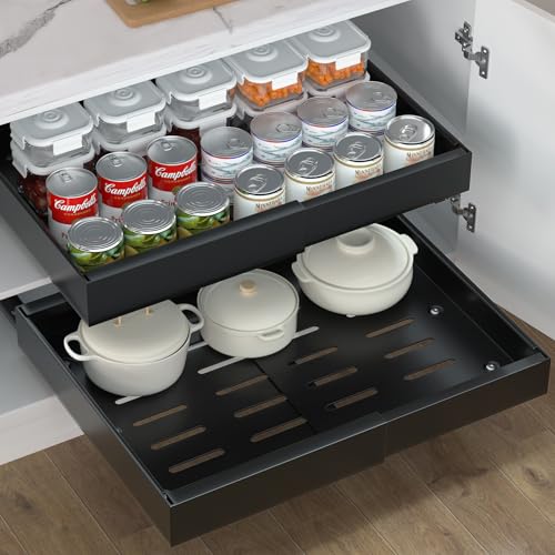 Ostutry 2 Pack Pull Out Cabinet Organizer No Screw Adjustable Cabinet Drawers Expandable1262047 Slide Out Drawers for Kitchen Cabinets Cabinet Roll Out Shelves in Pantry or Bathroom 1654 Deep - Image 1