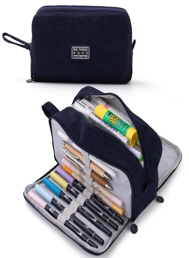 CICIMELON Big Corduroy Pen Pencil Case 3 Compartments Pouch Bag for School Supplies Office Travel Organizers, Navy - Image 1