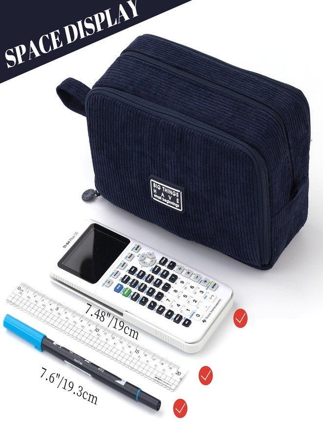 CICIMELON Big Corduroy Pen Pencil Case 3 Compartments Pouch Bag for School Supplies Office Travel Organizers, Navy - Image 3