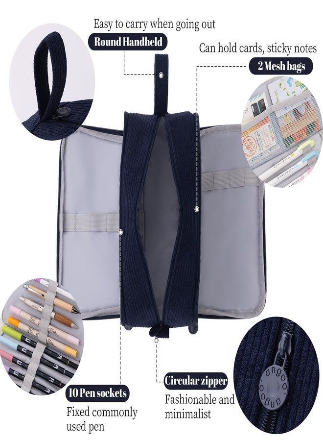 CICIMELON Big Corduroy Pen Pencil Case 3 Compartments Pouch Bag for School Supplies Office Travel Organizers, Navy - Image 4