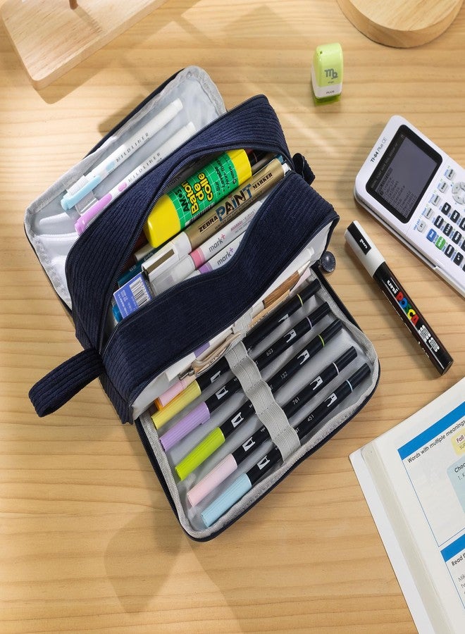 CICIMELON Big Corduroy Pen Pencil Case 3 Compartments Pouch Bag for School Supplies Office Travel Organizers, Navy - Image 2