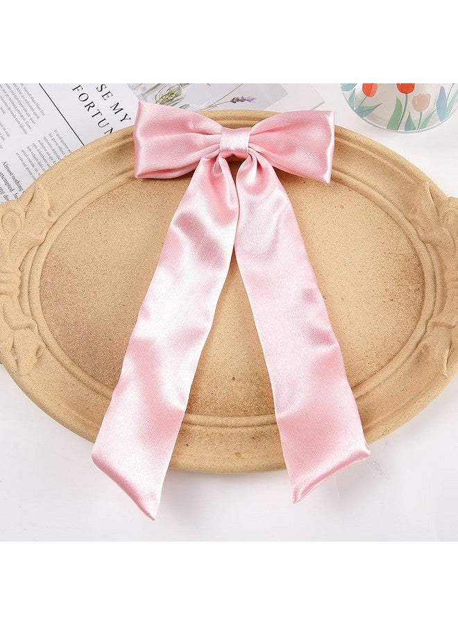 SALOCY Hair Ribbon Bows With Long Tail2 Pcs Bow Hair Clips For Women Girls Big Ribbon Bows Satin Hair Clip For Hair Design (Pink) - Image 2