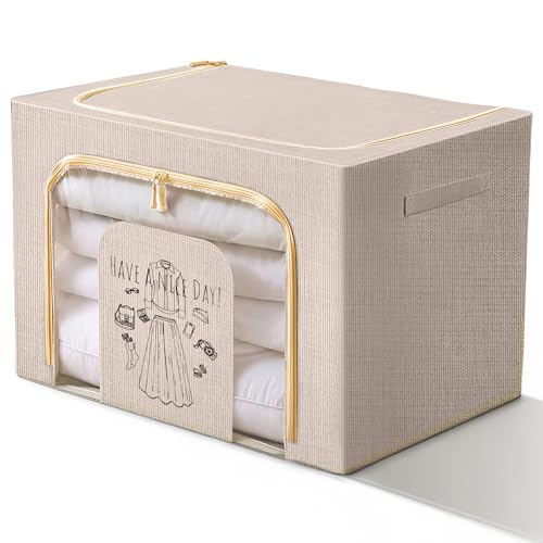 Prime Pick Zip Storage Box Foldable Clothes Organizer Double Zipper Lid Heavy Duty Reinforced Handles Breathable Washable Fabric Wardrobe Closet Home Storage Beige Large Pack of 1 - Image 1