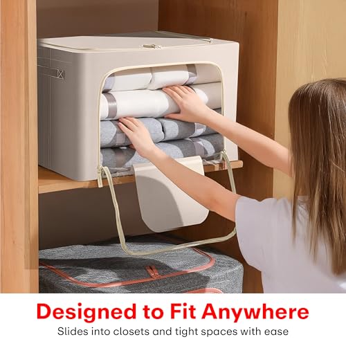 Prime Pick Zip Storage Box Foldable Clothes Organizer Double Zipper Lid Heavy Duty Reinforced Handles Breathable Washable Fabric Wardrobe Closet Home Storage Beige Large Pack of 1 - Image 5