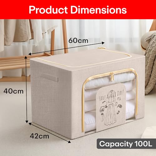 Prime Pick Zip Storage Box Foldable Clothes Organizer Double Zipper Lid Heavy Duty Reinforced Handles Breathable Washable Fabric Wardrobe Closet Home Storage Beige Large Pack of 1 - Image 2