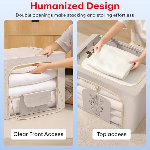 Prime Pick Zip Storage Box Foldable Clothes Organizer Double Zipper Lid Heavy Duty Reinforced Handles Breathable Washable Fabric Wardrobe Closet Home Storage Beige Large Pack of 1 - Image 3