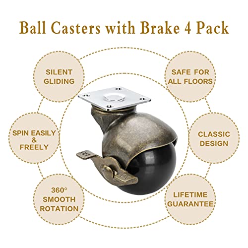 JGJC 2" Antique Brass Caster Wheels with Brake 4-Pack | Solid Ball Casters Set of 4 Heavy Duty | Swivel Plate Vintage Castor Wheels for Furniture, Table, Cabinet, DIY & Carpet | Ease of Installation - Image 5