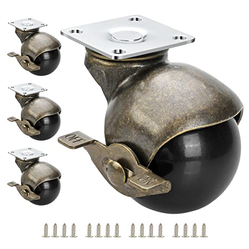 JGJC 2" Antique Brass Caster Wheels with Brake 4-Pack | Solid Ball Casters Set of 4 Heavy Duty | Swivel Plate Vintage Castor Wheels for Furniture, Table, Cabinet, DIY & Carpet | Ease of Installation - Image 1