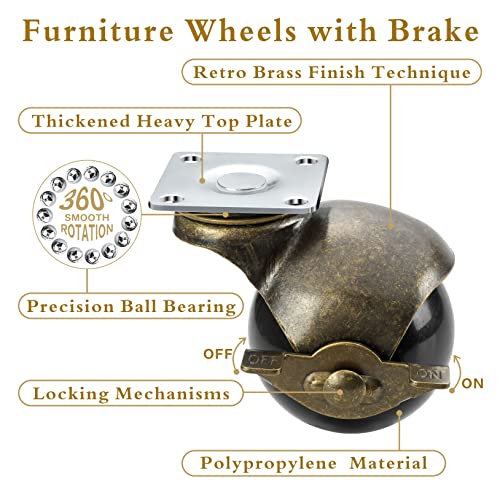 JGJC 2" Antique Brass Caster Wheels with Brake 4-Pack | Solid Ball Casters Set of 4 Heavy Duty | Swivel Plate Vintage Castor Wheels for Furniture, Table, Cabinet, DIY & Carpet | Ease of Installation - Image 4