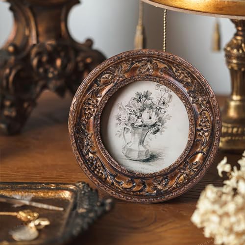 SIKOO Small Vintage 3×3 Round Picture Frame Antique Ornate Mini Photo Frame Vintage Wall Decor, Bronze Gold - Image 3